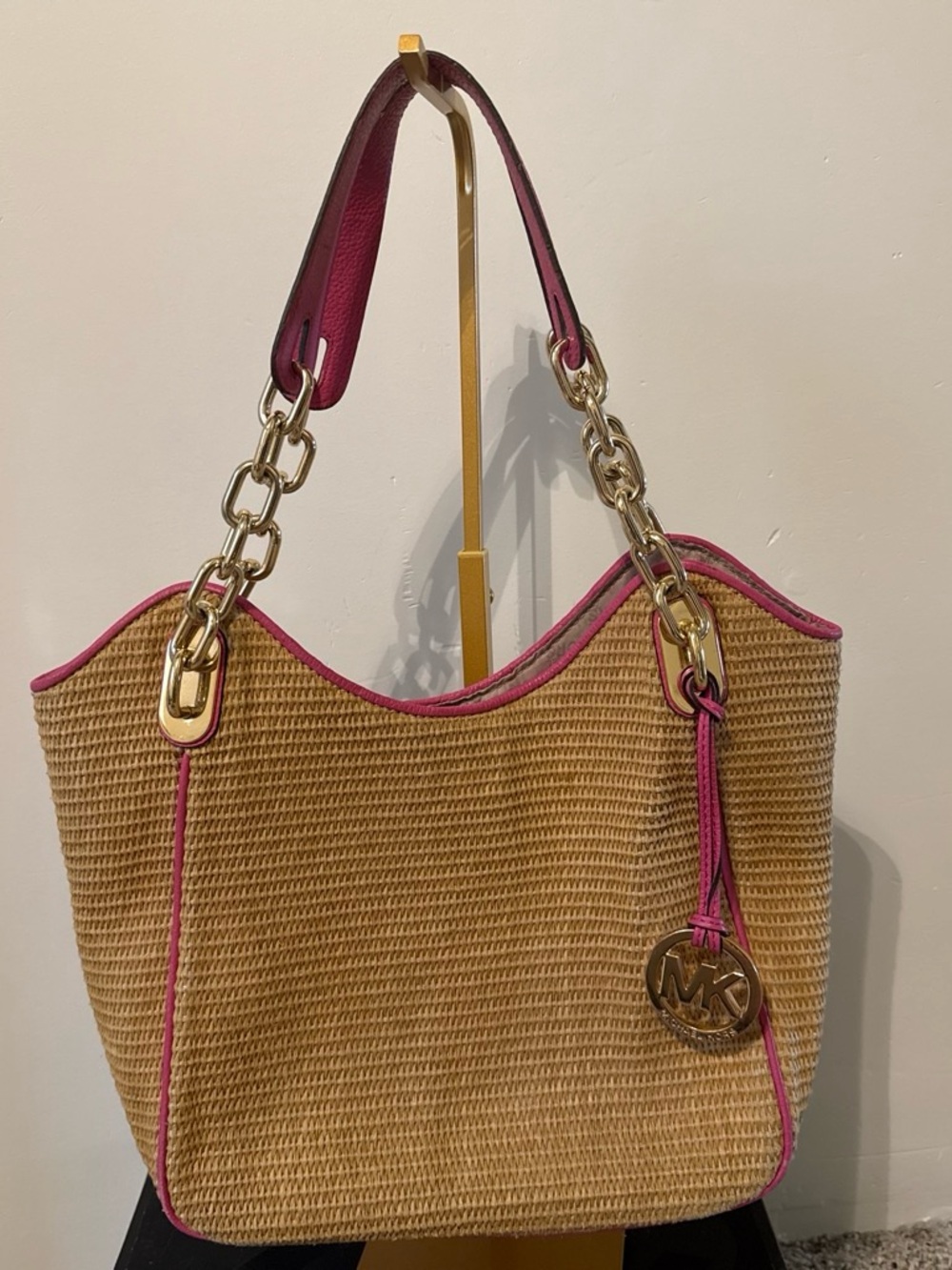 Michael Kors Straw Shoulder Tote with Pink Trim and Gold Hardware